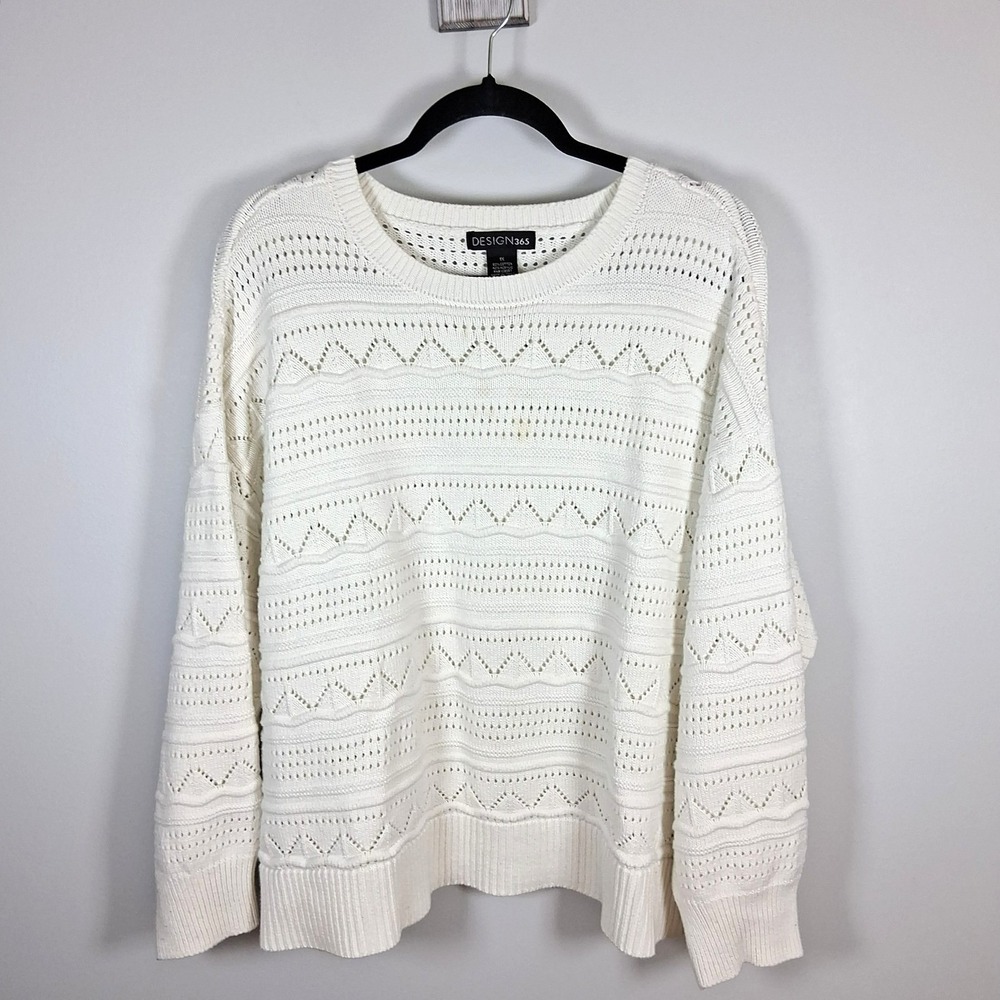 Design 365 White Sweater Fisherman Womens Plus Sz 1X Heavy Cotton Cozy Layers‎